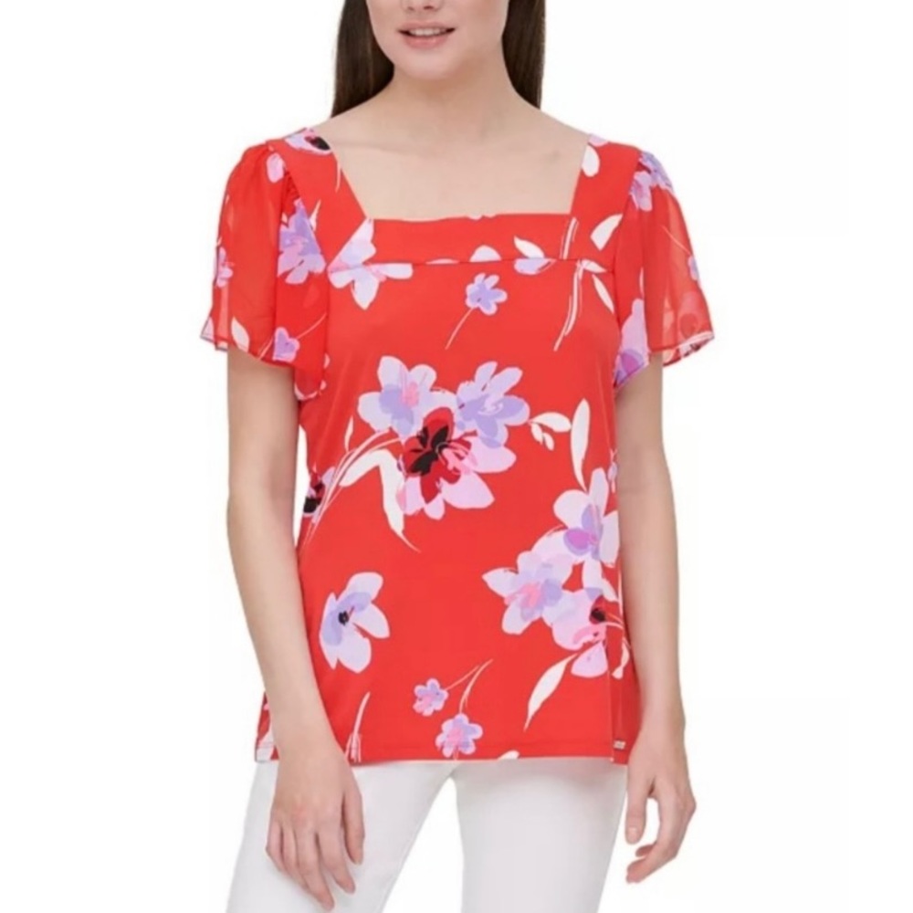 Calvin Klein Floral-Print Square Neckline Blouse Top Size M Red/Lavender